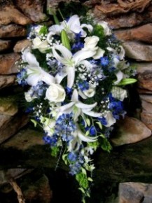 Flower Cottage Cortez wedding bridal bouquet white roses and blue