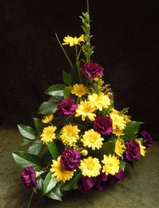 Flower Cottage Cortez purple gold arrangement